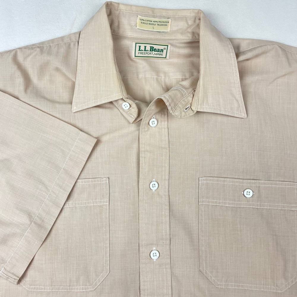 Vintage LL Bean Mens Large Tan Short Sleeve Button Down Utility Shirt Cotton